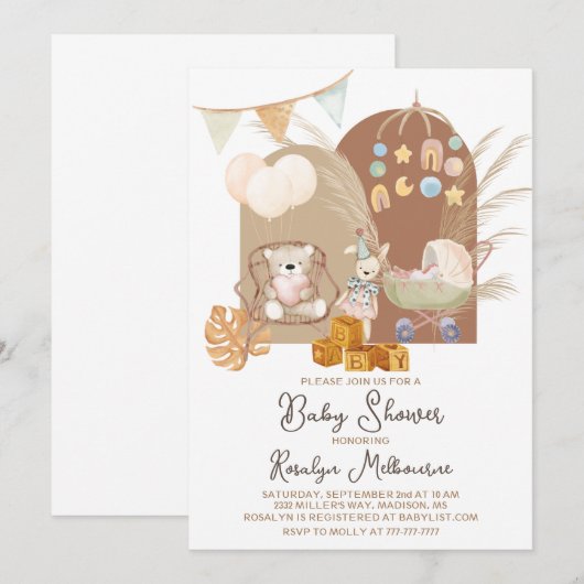 Bohoベビーシャワー 招待状 (正面/裏面)