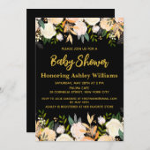 Bohoベビー男女兼用シャワー黒金ゴールドフローラ 招待状 (正面/裏面)
