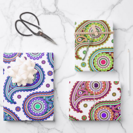 Bohoペイズリーin 3配色ヴィンテージレトロ ラッピングペーパーシート (正面)