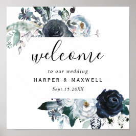 Bohoホワイトネイビー牡丹の水の色結婚の歓迎 ポスター