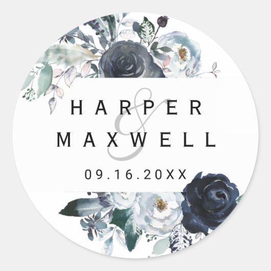 Bohoホワイトネイビー牡丹水色結婚の ラウンドシール (正面)