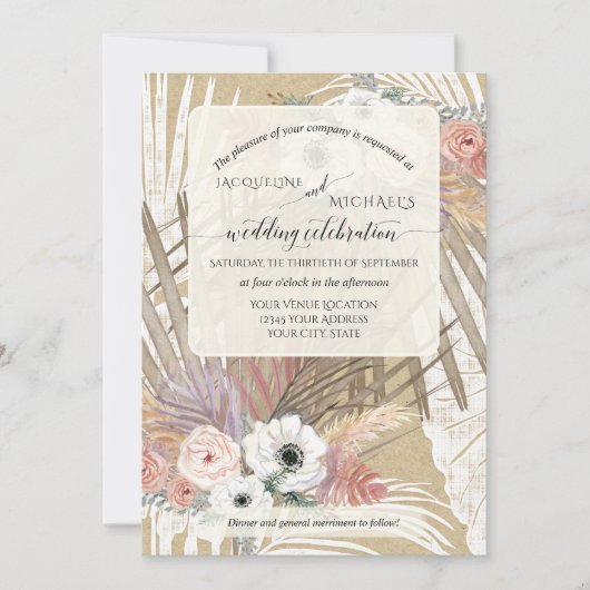 BOHOホワイトフローラ素朴パンパスグラストロピカル 招待状 (正面)