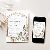 Bohoホワイトフローラ&緑のジオメト結婚リ 招待状