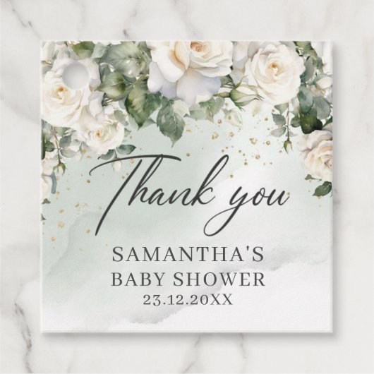 Bohoホワイトローゼズガーデンフローラグリーンベビーシャワー フェイバータグ (正面)