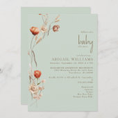 Bohoボタニカルライトセージ赤ちゃんシャワー 招待状 (正面/裏面)