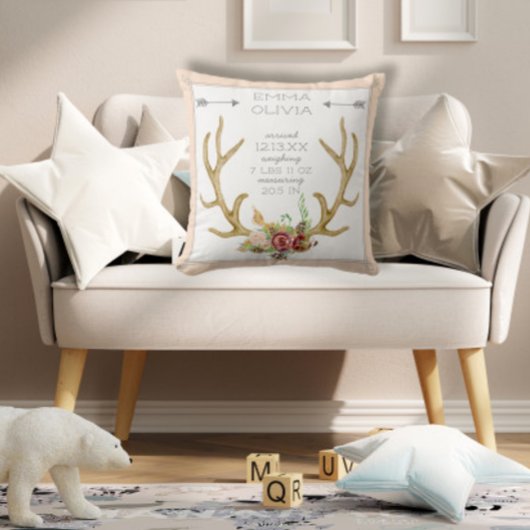 BOHOボヘミアンディアアントラーフローラベビー誕生スタット クッション