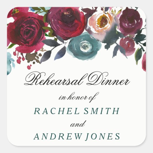 Bohoボルドブルガンディレッドフラワーリハーサルディナー スクエアシール (正面)
