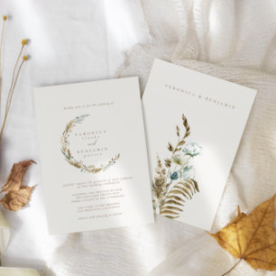 Bohoミニマリストミュート青&ドライグラス結婚ズ 招待状