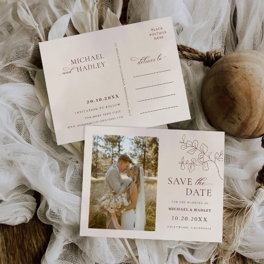 Bohoミニマルフローラ結婚式の日付を保存 インビテーションポストカード