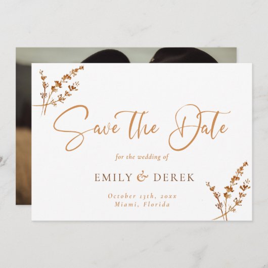 Bohoミニマル写真焼きオレンジ結婚フローラ 招待状 (正面/裏面)