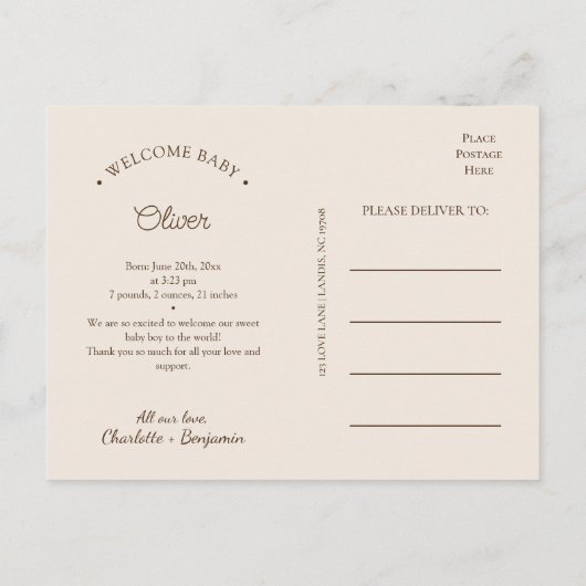 Bohoミニマル写真誕生おめでとうがき 案内ポストカード (裏面)