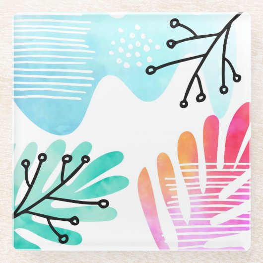 BohoミニマルBLOBシェイプ葉のラインアート ガラスコースター (正面)