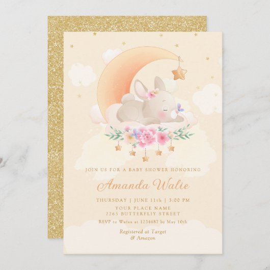 Bohoモダンかわいい水色バニー女の子ベビーシャワー 招待状 (正面/裏面)