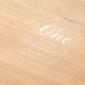 Bohoモダンハートホワイトスクリプト最初の誕生日 アクリル招待状 (レイダウン)