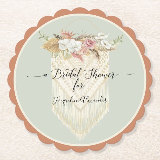 BOHOモダンフローラグリーナリーマクラメブライダルシャワー ペーパーコースター (正面)