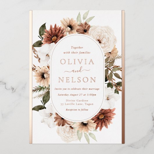 Bohoモダンフローラフレームバラ結婚金ゴールド 箔招待状 (正面)