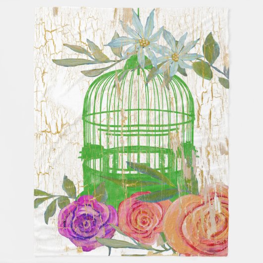 Bohoモダンヴィンテージフローラ鳥かご木材 フリースブランケット (正面)