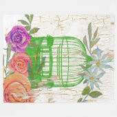 Bohoモダンヴィンテージフローラ鳥かご木材 フリースブランケット (正面(横))