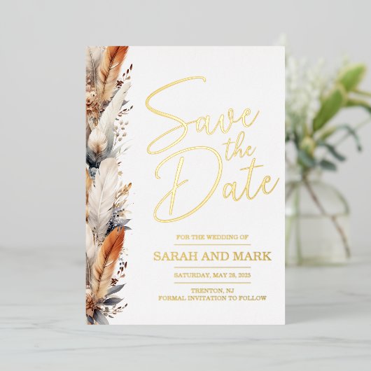 Bohoモダン写真を戻して日付を保存 実在 |  箔招待状 (立ち正面)