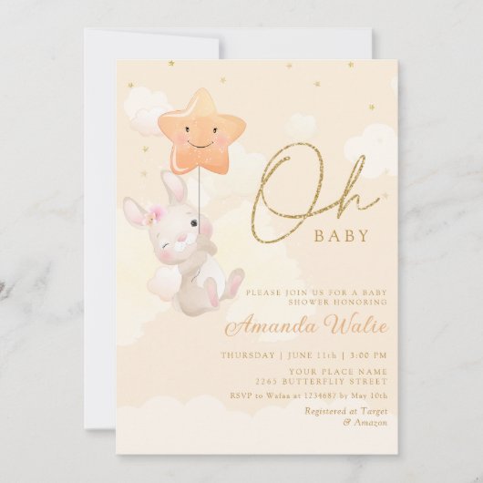 Bohoモダン水彩バニーかわいい女の子の赤ちゃんシャワー 招待状 (正面)