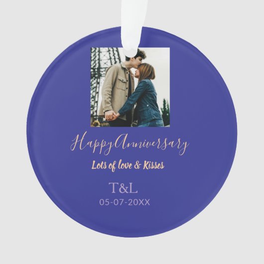 bohoモダン happy anniversary名前blue orange オーナメント (正面)