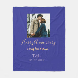 bohoモダン happy anniversary名前blue orange フリースブランケット