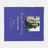 bohoモダン happy anniversary名前blue orange フリースブランケット (正面(横))