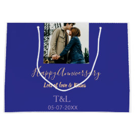 bohoモダン happy anniversary名前blue orange ラージペーパーバッグ