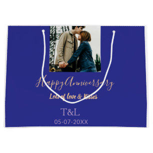 bohoモダン happy anniversary名前blue orange ラージペーパーバッグ
