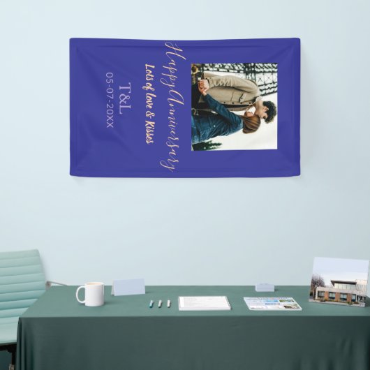 bohoモダン happy anniversary名前blue orange 横断幕 (トレードショー)