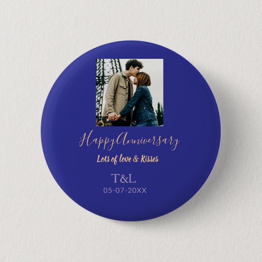 bohoモダン happy anniversary名前blue orange 缶バッジ (正面)