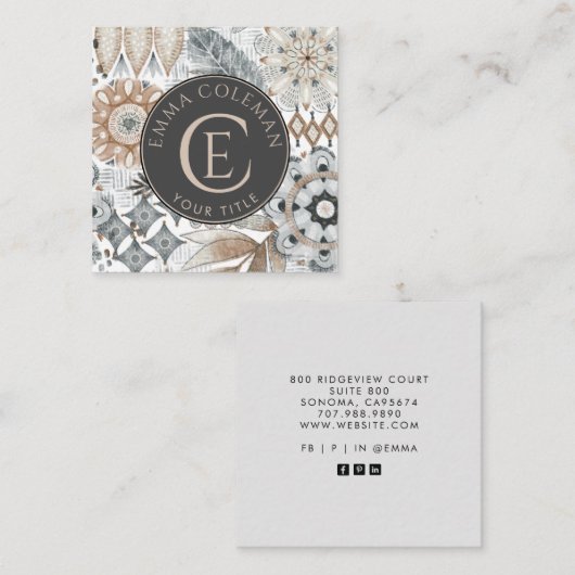 Bohoモノグラムのフローラリーフ名刺 スクエア名刺 (正面/裏面)