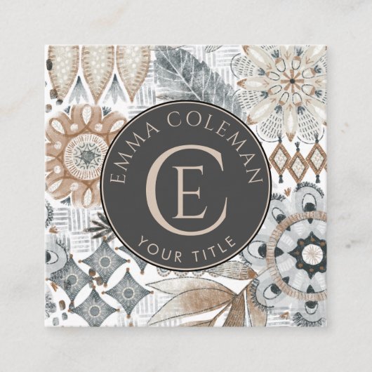 Bohoモノグラムのフローラリーフ名刺 スクエア名刺 (正面)