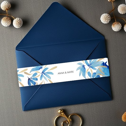 Bohoライトブルーと金ゴールド水彩花 招待状ベリーバンド