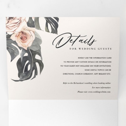 BOHOラストモンステラフローラ水彩色結婚の 三つ折り招待状 (内部最初)