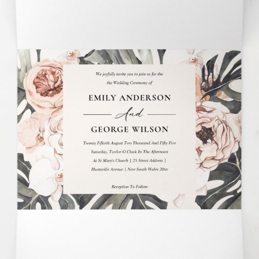 BOHOラストモンステラフローラ水彩色結婚の 三つ折り招待状 (内部中)