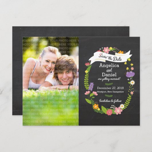 BohoリースオンChalkboard Photo日付を保存 案内ポストカード (正面/裏面)