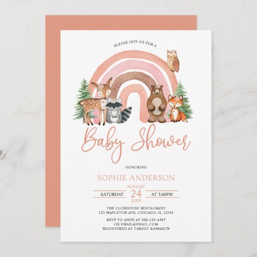 Bohoレインボーとウッドランドの動物の赤ちゃんシャワー 招待状 (正面/裏面)