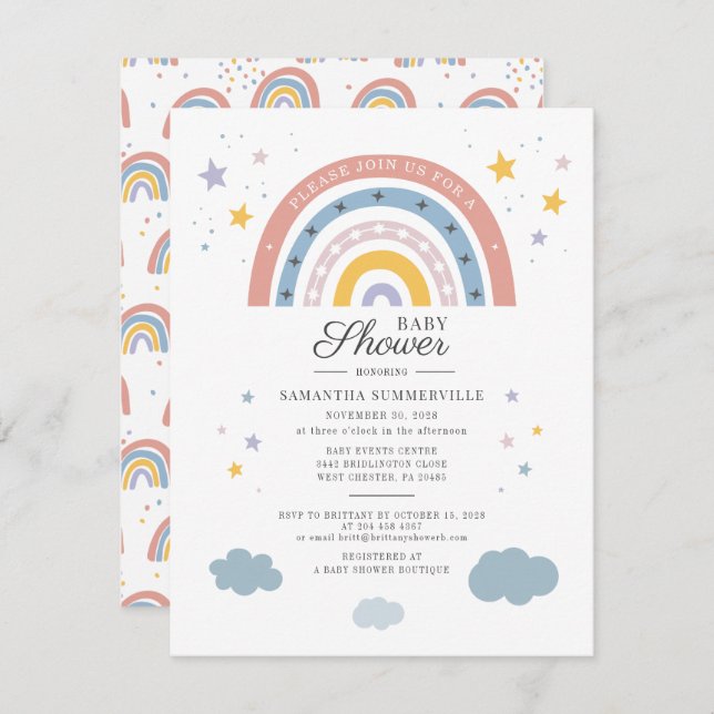Bohoレインボーウォーターカラースクリプトベビーシャワー (正面/裏面)