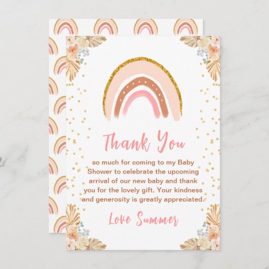 Bohoレインボーピンクベビーシャワー サンキューカード (正面/裏面)