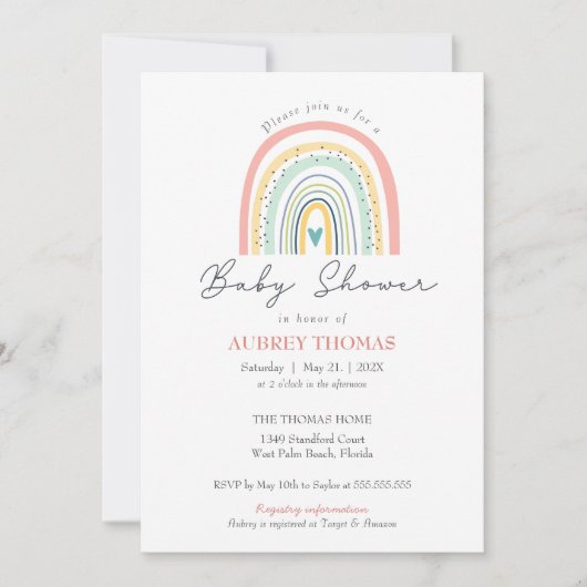 Bohoレインボーベビーシャワー手描きハート 招待状 (正面)