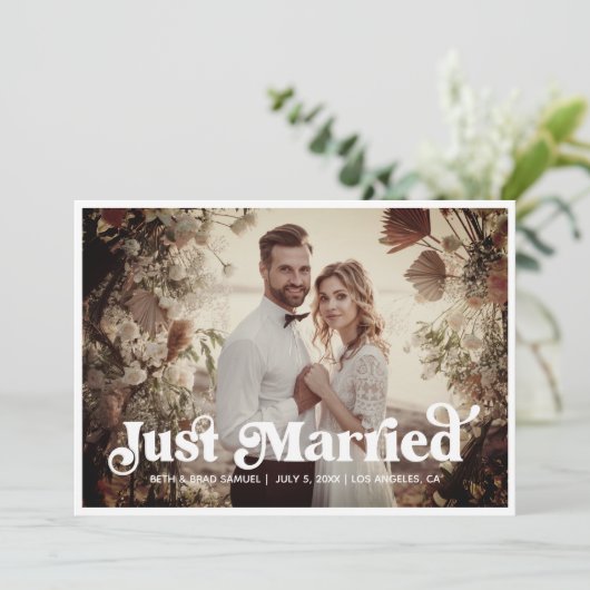 Bohoレトロたった今結婚しました写真アナウンスメントカード 案内状 (スタンド正面)