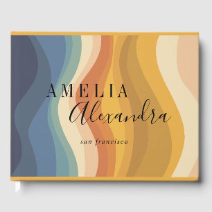 Bohoレトロスクリプト抽象芸術波線イエローブルー ゲストブック