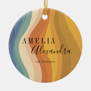 Bohoレトロスクリプト抽象芸術波線イエローブルー セラミックオーナメント