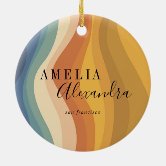 Bohoレトロスクリプト抽象芸術波線イエローブルー セラミックオーナメント (裏面)