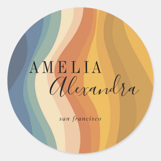 Bohoレトロスクリプト抽象芸術波線イエローブルー ラウンドシール (正面)