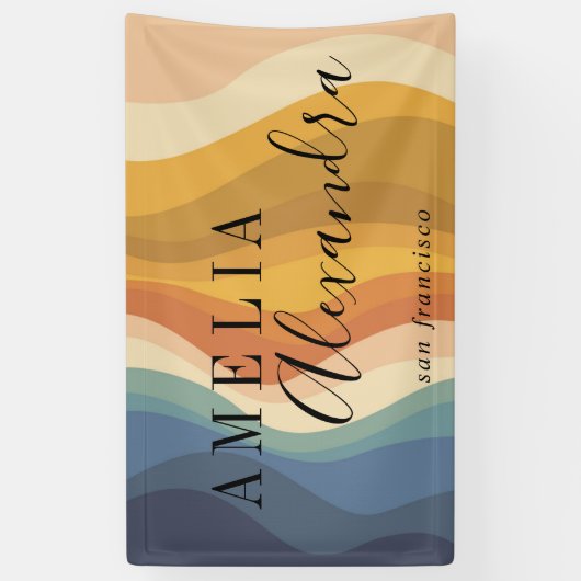 Bohoレトロスクリプト抽象芸術波線イエローブルー 横断幕 (縦)