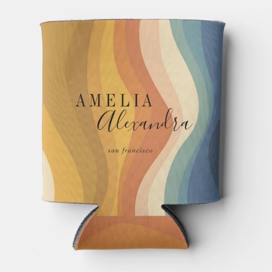 Bohoレトロスクリプト抽象芸術波線イエローブルー 缶クーラー (正面)