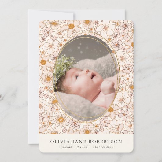 Bohoレトロフローラ女子の写真誕生発表 招待状 (正面)