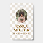 Bohoレトロ市松模様にパタン写真IDバーコード バッジ (正面)